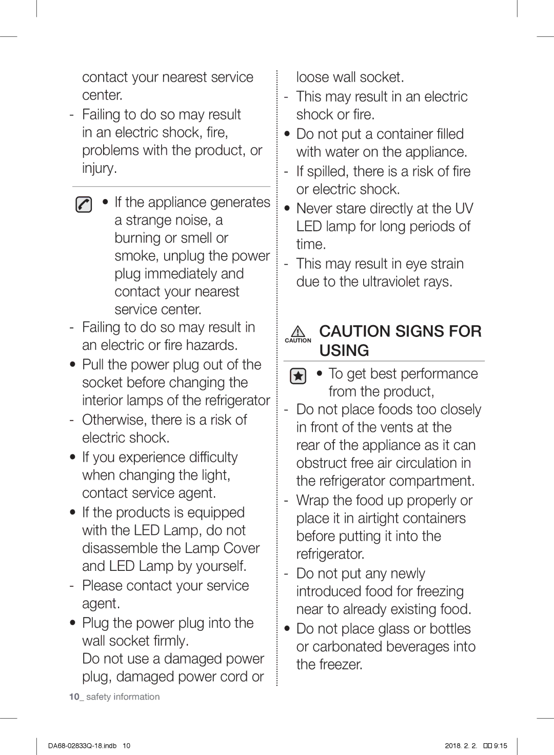 Samsung RB29FERNCWW/EF manual Otherwise, there is a risk of electric shock, To get best performance from the product 