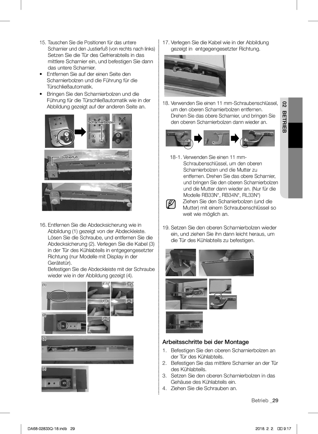 Samsung RB29FSRNDWW/EF, RB37J5345SS/EF, RB37J5005SA/EF, RB31FEJNCSS/EF, RB37J5349SL/EF manual Arbeitsschritte bei der Montage 