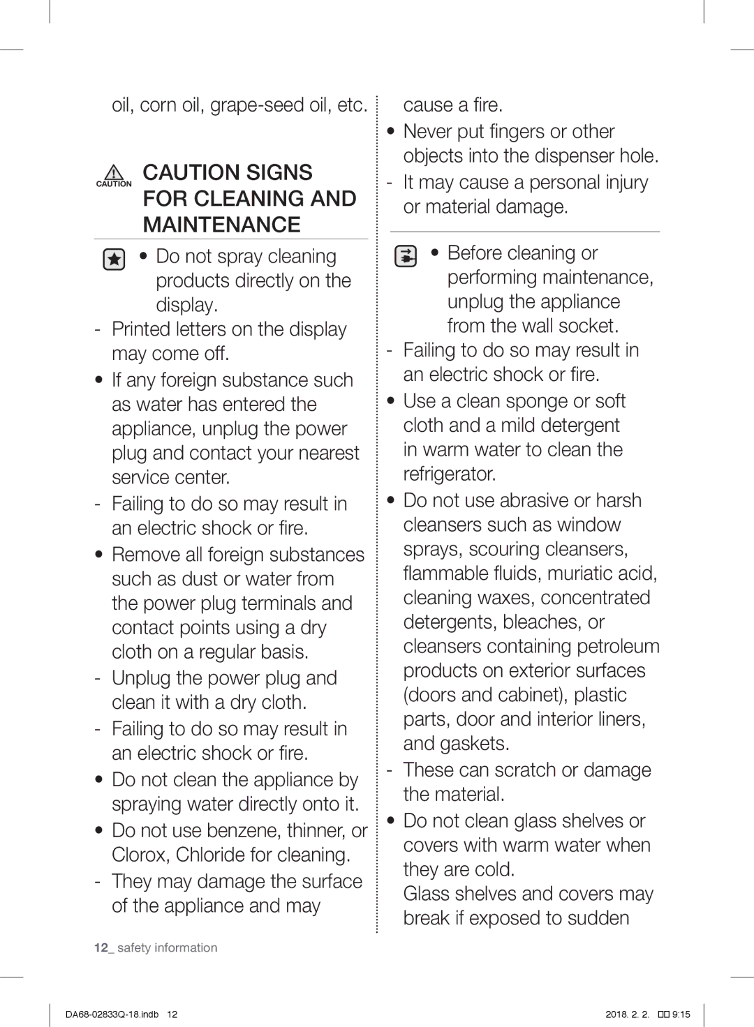 Samsung RB29FEJNBSA/EF, RB37J5345SS/EF, RB37J5005SA/EF manual Maintenance, Oil, corn oil, grape-seed oil, etc, Cause a fire 