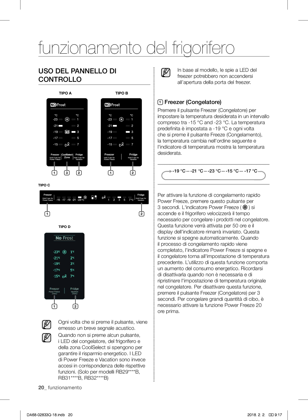 Samsung RB30J3000SA/EF, RB37J5345SS/EF Funzionamento del frigorifero, USO DEL Pannello DI Controllo, Freezer Congelatore 