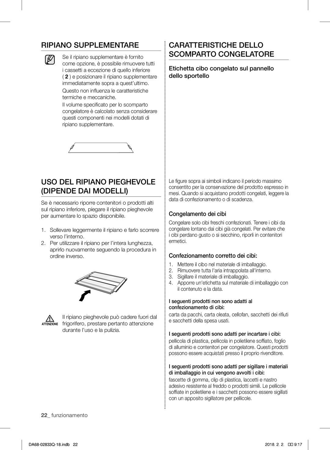 Samsung RB29FERNCWW/EF manual Ripiano Supplementare, USO DEL Ripiano Pieghevole Dipende DAI Modelli, Congelamento dei cibi 