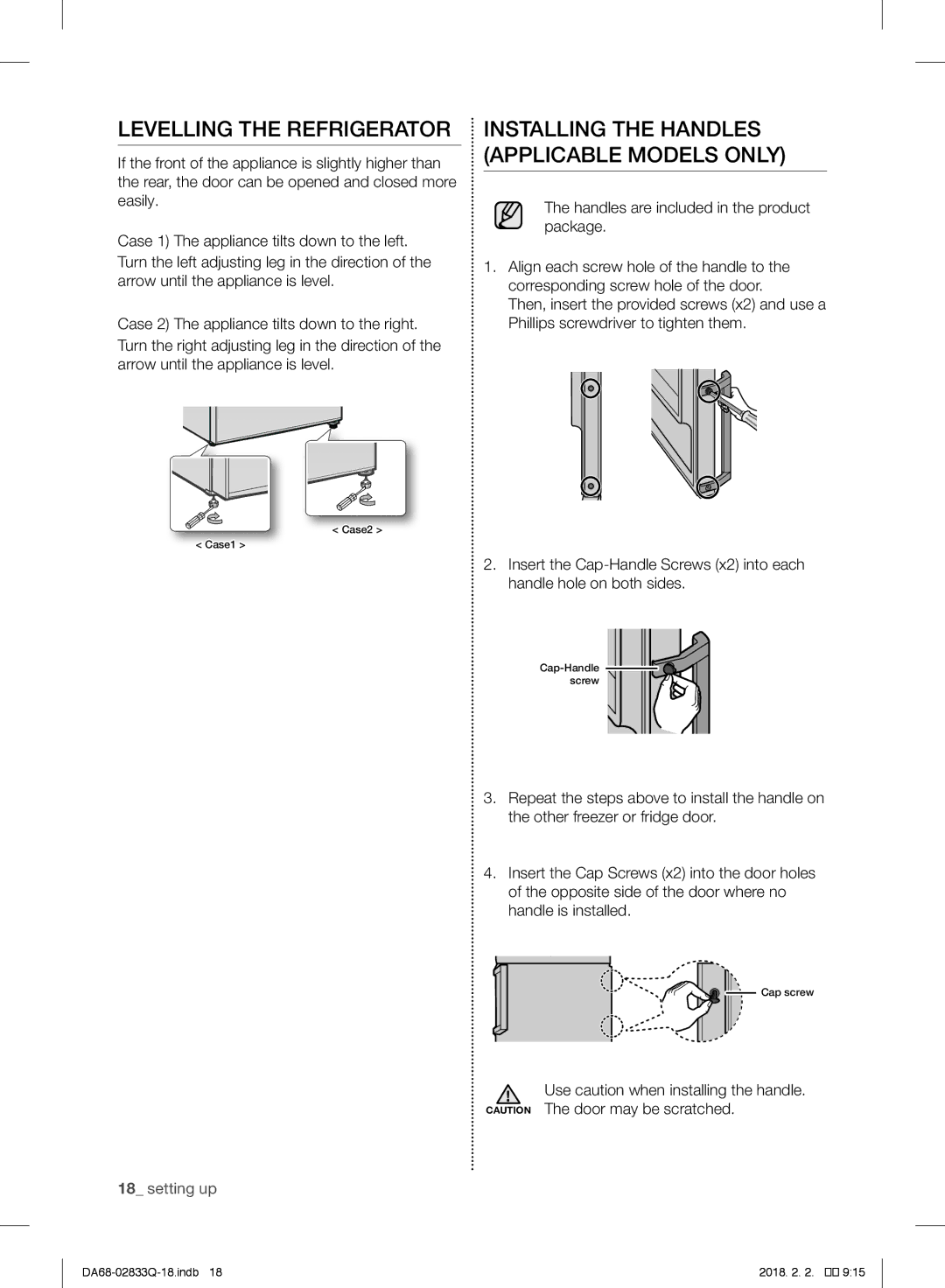 Samsung RB37J5349SL/EF, RB37J5345SS/EF manual Levelling the Refrigerator, Installing the Handles Applicable Models only 