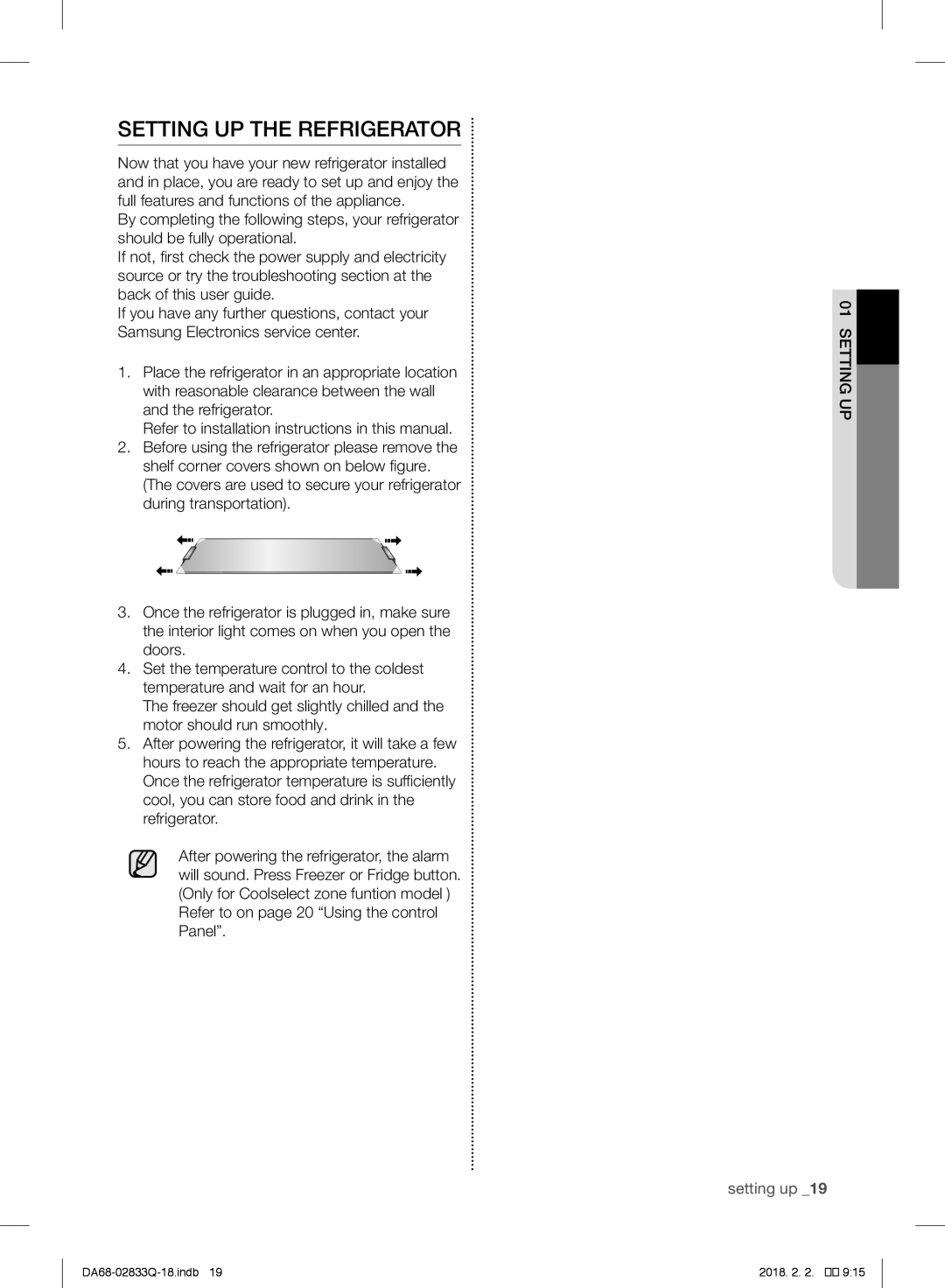 Samsung RB29FERNDSA/EF, RB37J5345SS/EF, RB37J5005SA/EF, RB31FEJNCSS/EF, RB37J5349SL/EF manual Setting UP the Refrigerator 