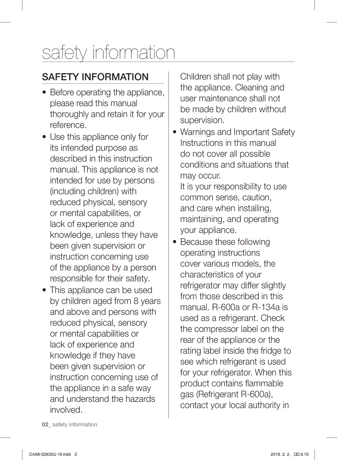 Samsung RB31FEJNCSS/EF, RB37J5345SS/EF, RB37J5005SA/EF, RB37J5349SL/EF, RB29FERNDSA/EF Safety information, Safety Information 