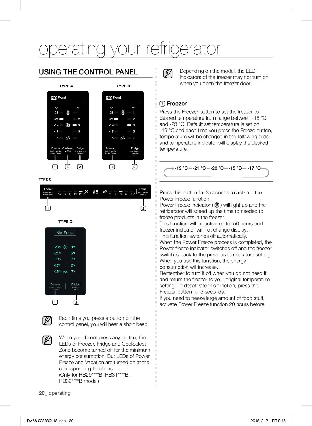 Samsung RB33J3230BC/EF, RB37J5345SS/EF, RB37J5005SA/EF manual Operating your refrigerator, Using the Control Panel, Freezer 