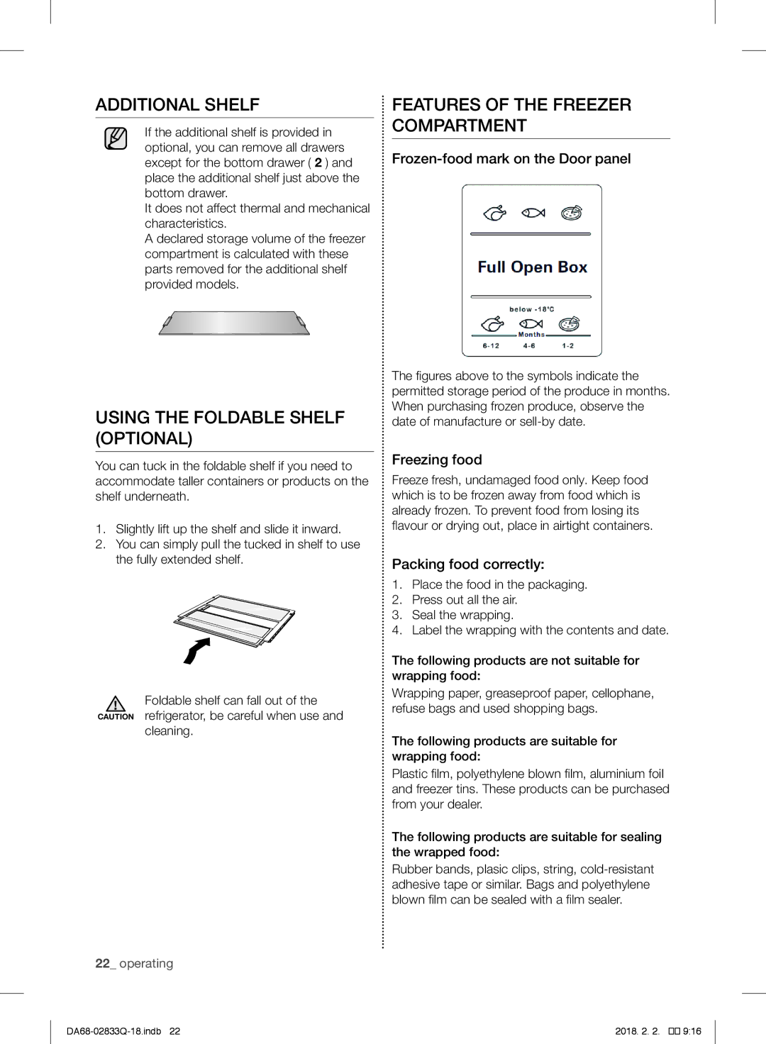 Samsung RB29FERNCSA/EF manual Additional Shelf, Features of the Freezer Compartment, Using the Foldable Shelf Optional 