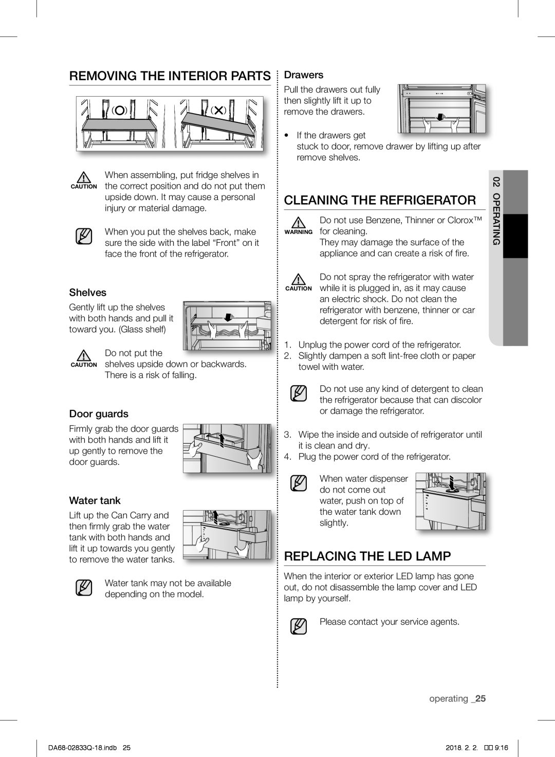 Samsung RB29FERNCWW/EF, RB37J5345SS/EF manual Removing the Interior Parts, Cleaning the Refrigerator, Replacing the LED Lamp 