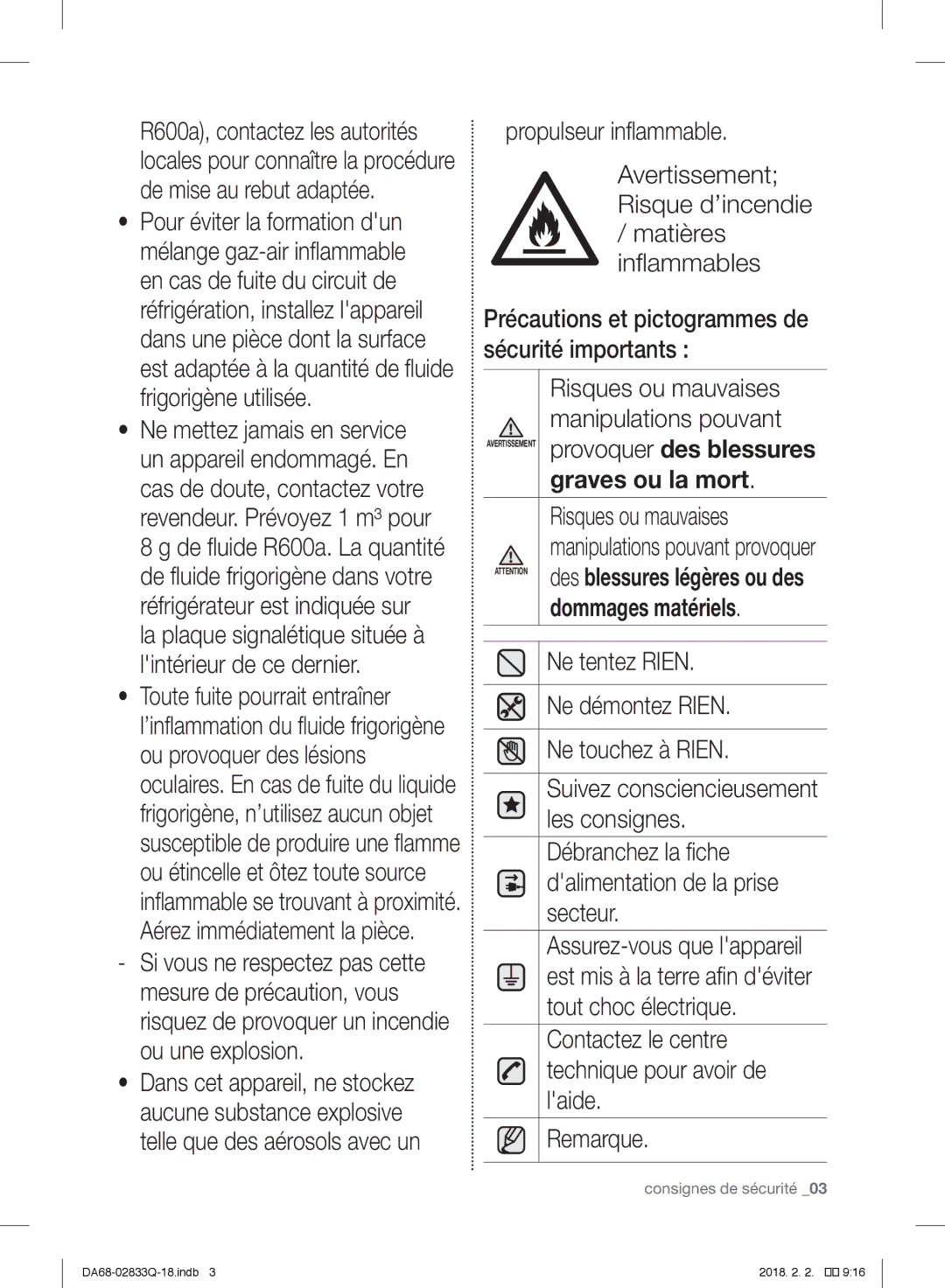 Samsung RB33J3200WW/EF Ne tentez Rien, Ne démontez Rien, Ne touchez à Rien, Les consignes, Débranchez la fiche, Secteur 