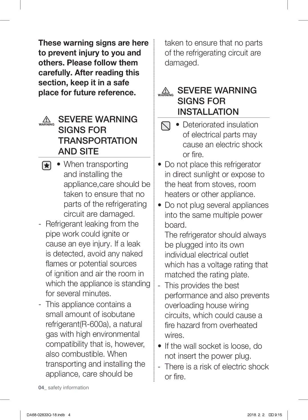 Samsung RB29FERNDSA/EF, RB37J5345SS/EF, RB37J5005SA/EF, RB31FEJNCSS/EF Severe Warning Warning Signs for Installation 