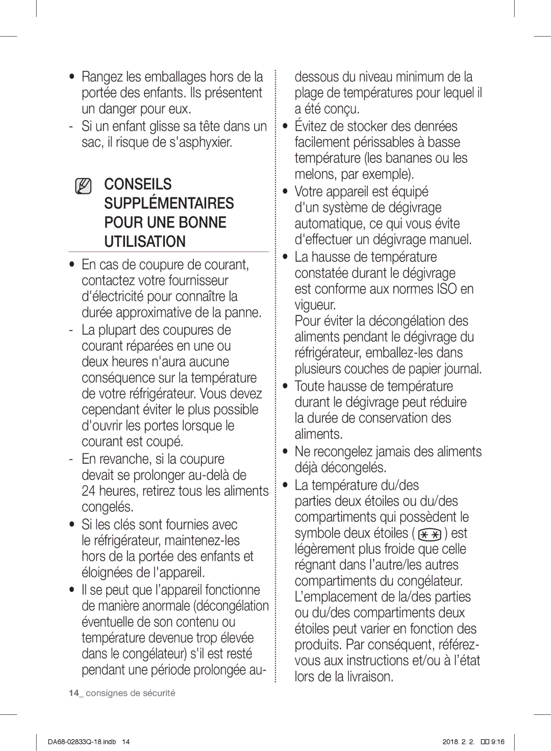 Samsung RB33J3230BC/EF Conseils Supplémentaires Pour UNE Bonne Utilisation, Heures, retirez tous les aliments congelés 