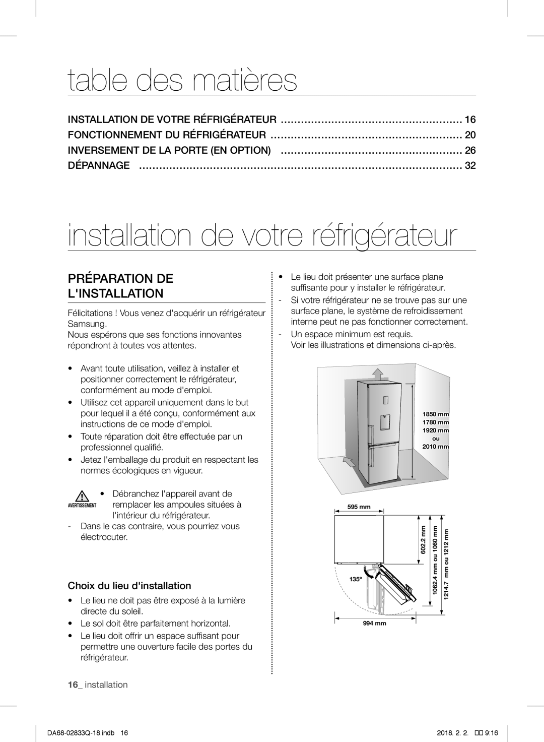 Samsung RB29FERNCSA/EF manual Table des matières, Installation de votre réfrigérateur, Préparation DE Linstallation 