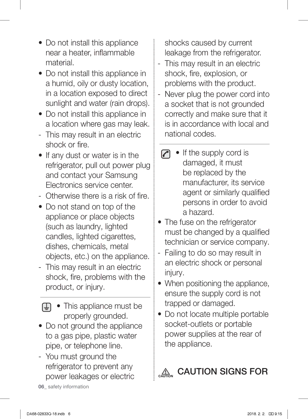 Samsung RB29FDRNDSA/EF manual This may result in an electric shock or fire, Otherwise there is a risk of fire, Hazard 