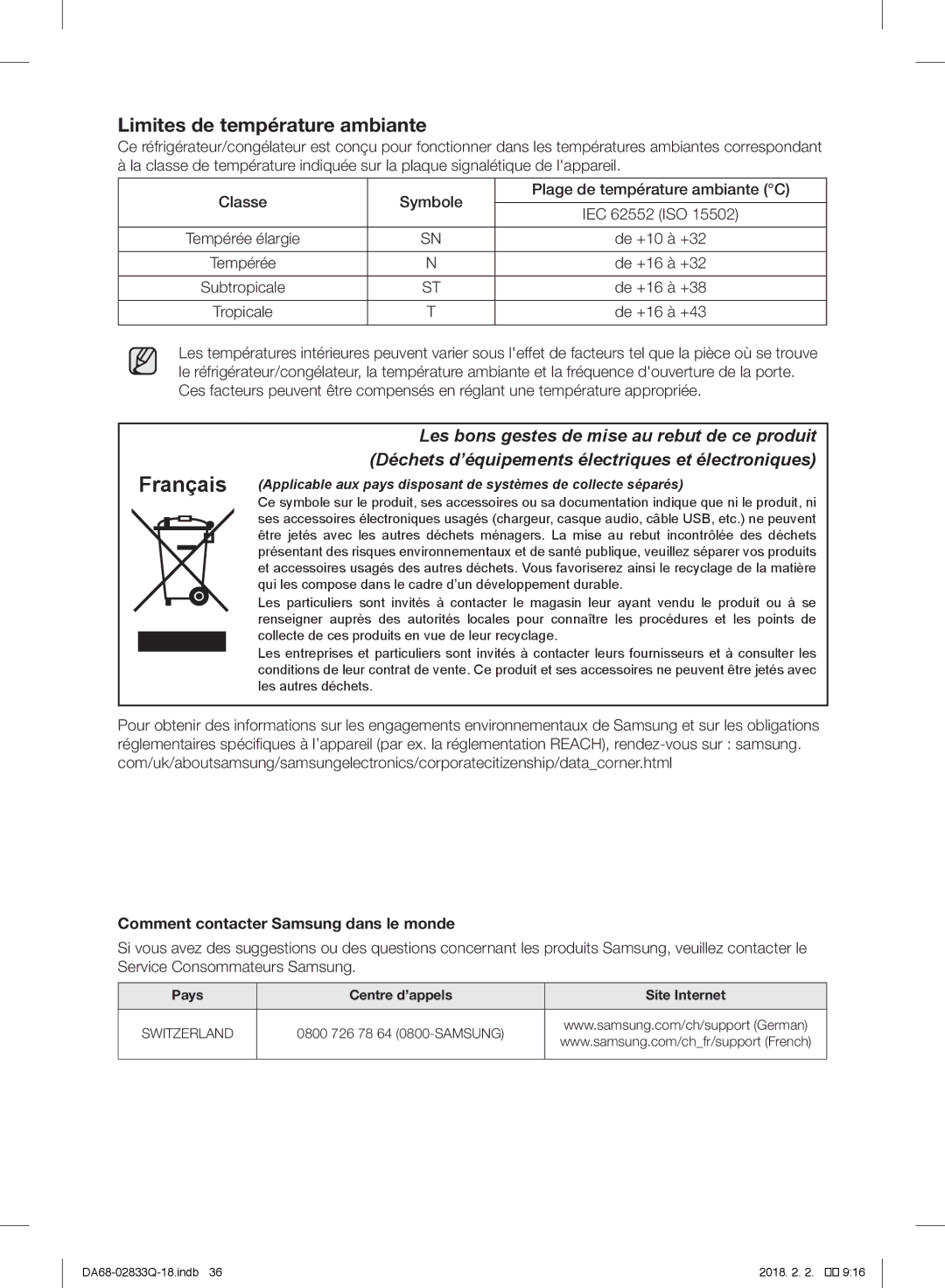 Samsung RB29FEJNBSA/EF, RB37J5345SS/EF, RB37J5005SA/EF, RB31FEJNCSS/EF, RB37J5349SL/EF manual Limites de température ambiante 