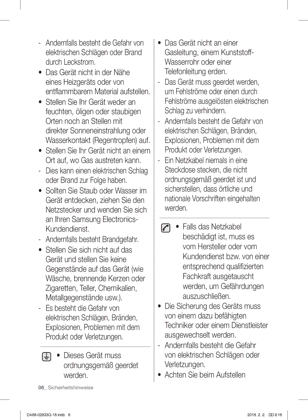 Samsung RB37J5349SL/EF, RB37J5345SS/EF manual Dieses Gerät muss ordnungsgemäß geerdet werden, Achten Sie beim Aufstellen 