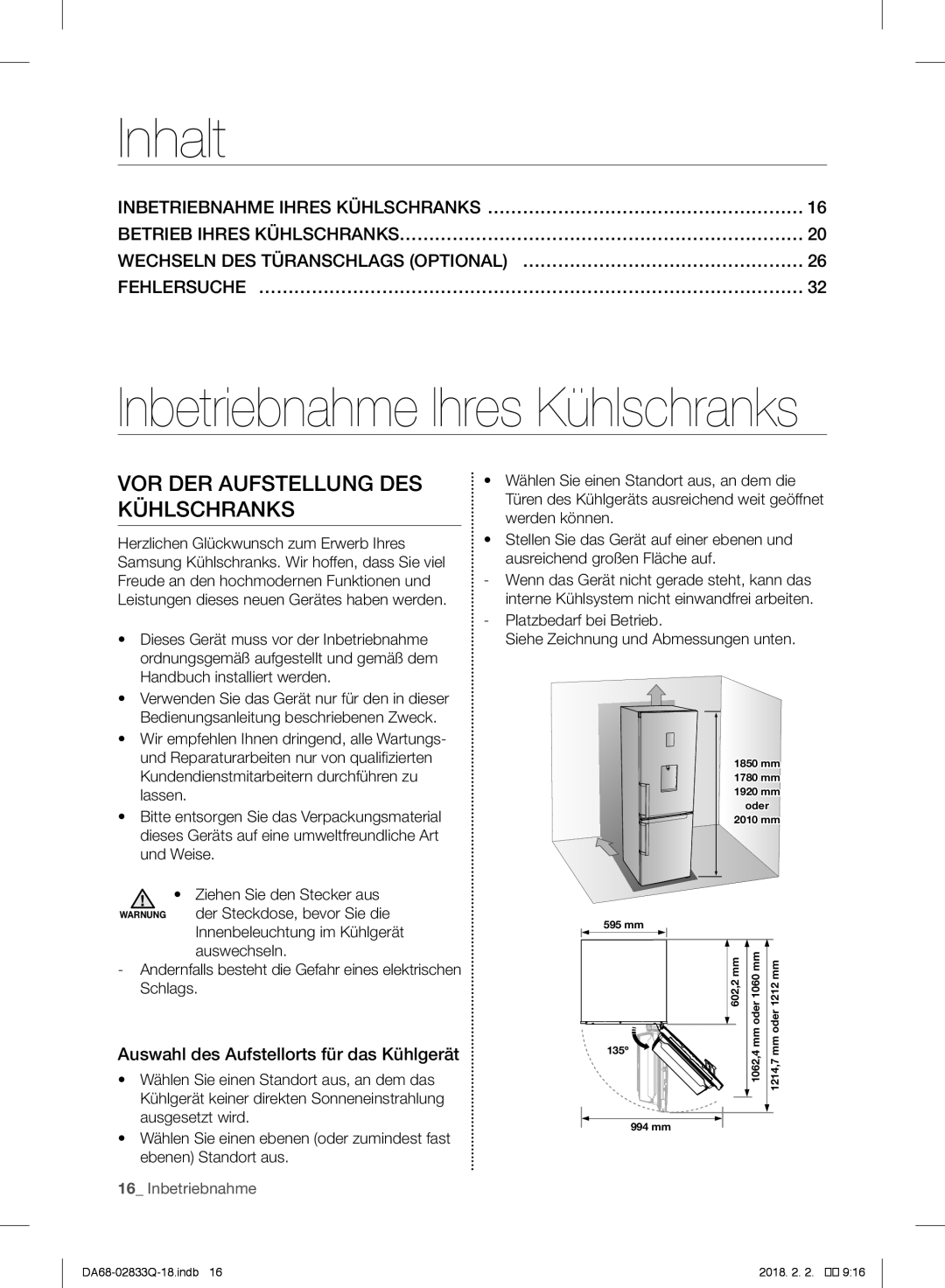 Samsung RB29FERNCSA/WS Inhalt, VOR DER Aufstellung DES Kühlschranks, Betrieb Ihres KÜHLSCHRANKS…………………………………………………………… 