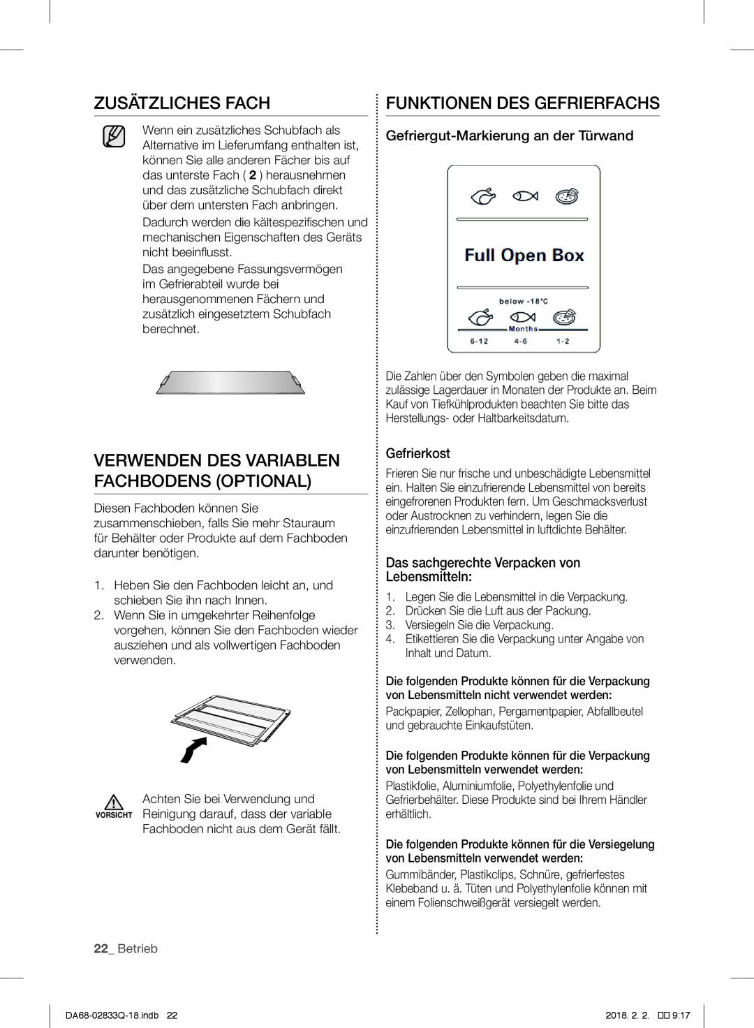 Samsung RB29FERNDSA/EF manual Zusätzliches Fach, Funktionen DES Gefrierfachs, Verwenden DES Variablen Fachbodens Optional 