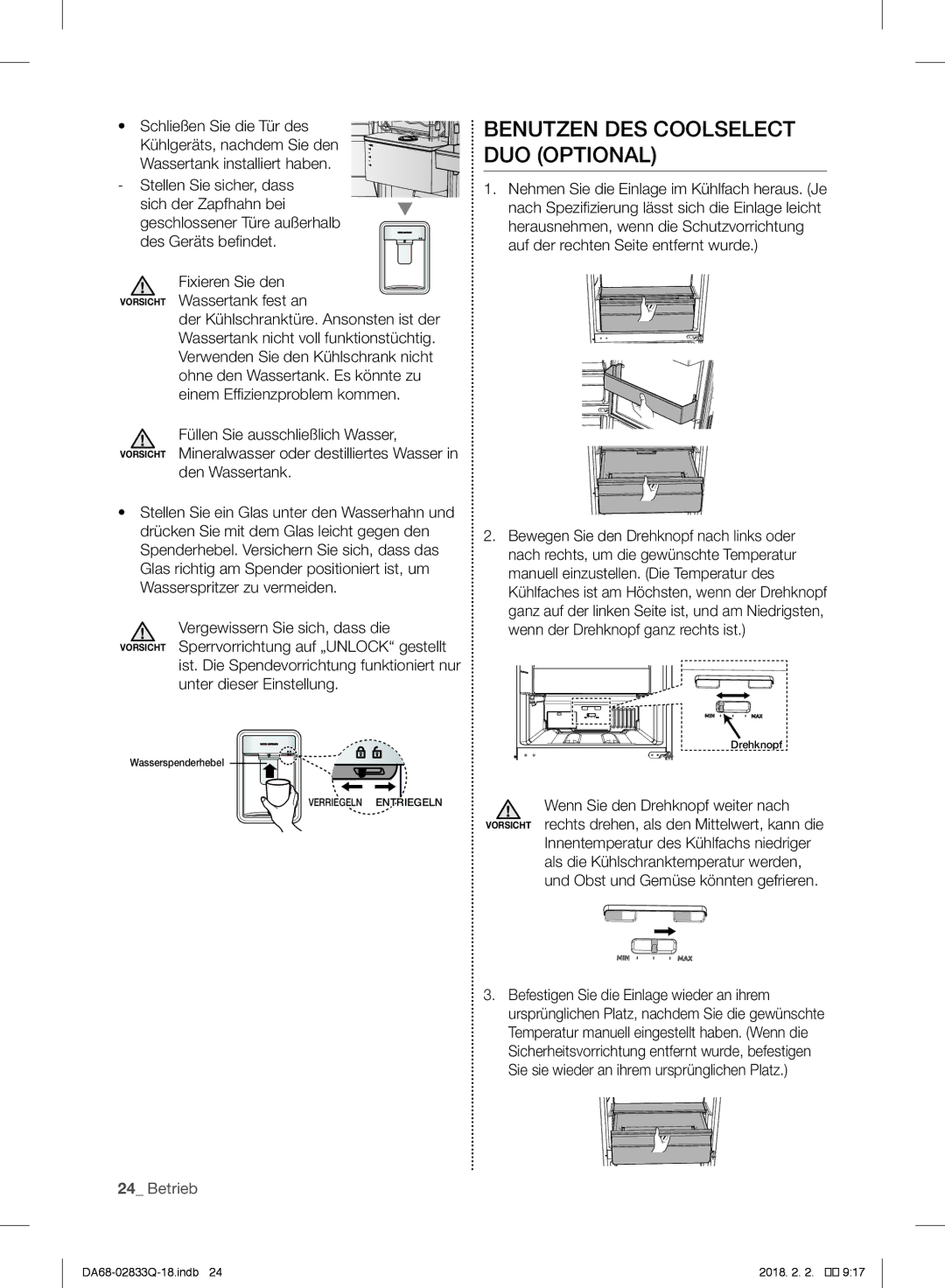 Samsung RB29FDRNDSA/EF, RB37J5345SS/EF Benutzen DES Coolselect DUO Optional, Fixieren Sie den Vorsicht Wassertank fest an 