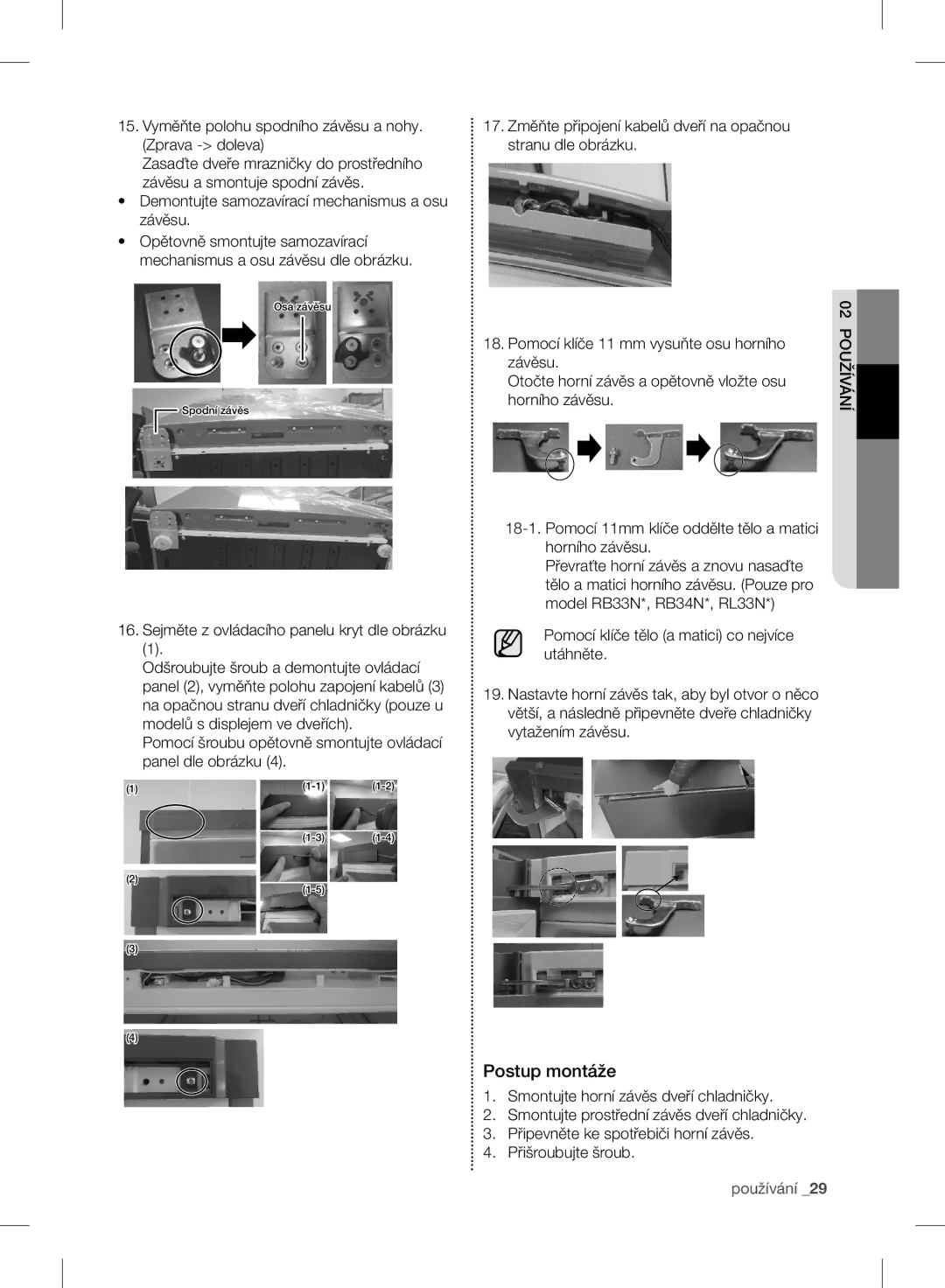 Samsung RB37J5005B1/EF, RB37J5345SS/EF, RB37J5018SA/EF Postup montáže, Vyměňte polohu spodního závěsu a nohy. Zprava doleva 