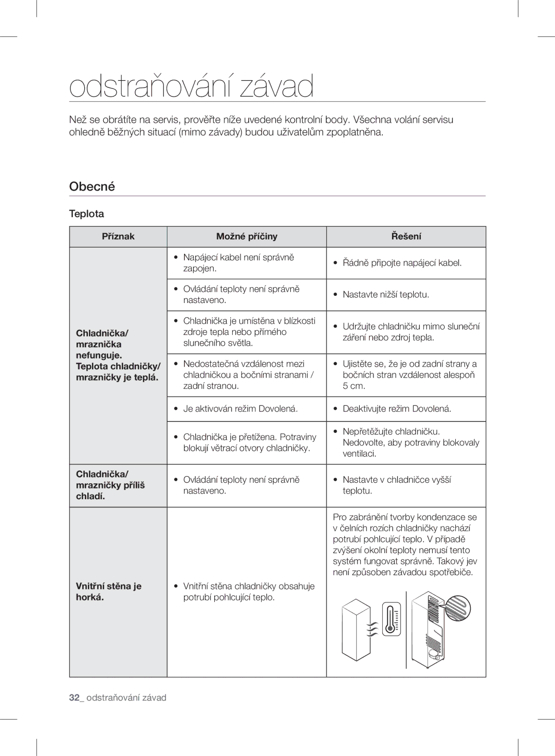 Samsung RB37J501MWW/EF, RB37J5345SS/EF, RB37J5018SA/EF, RB37J5005SA/EF, RB30J3215SA/EF manual Teplota, Odstraňování závad 