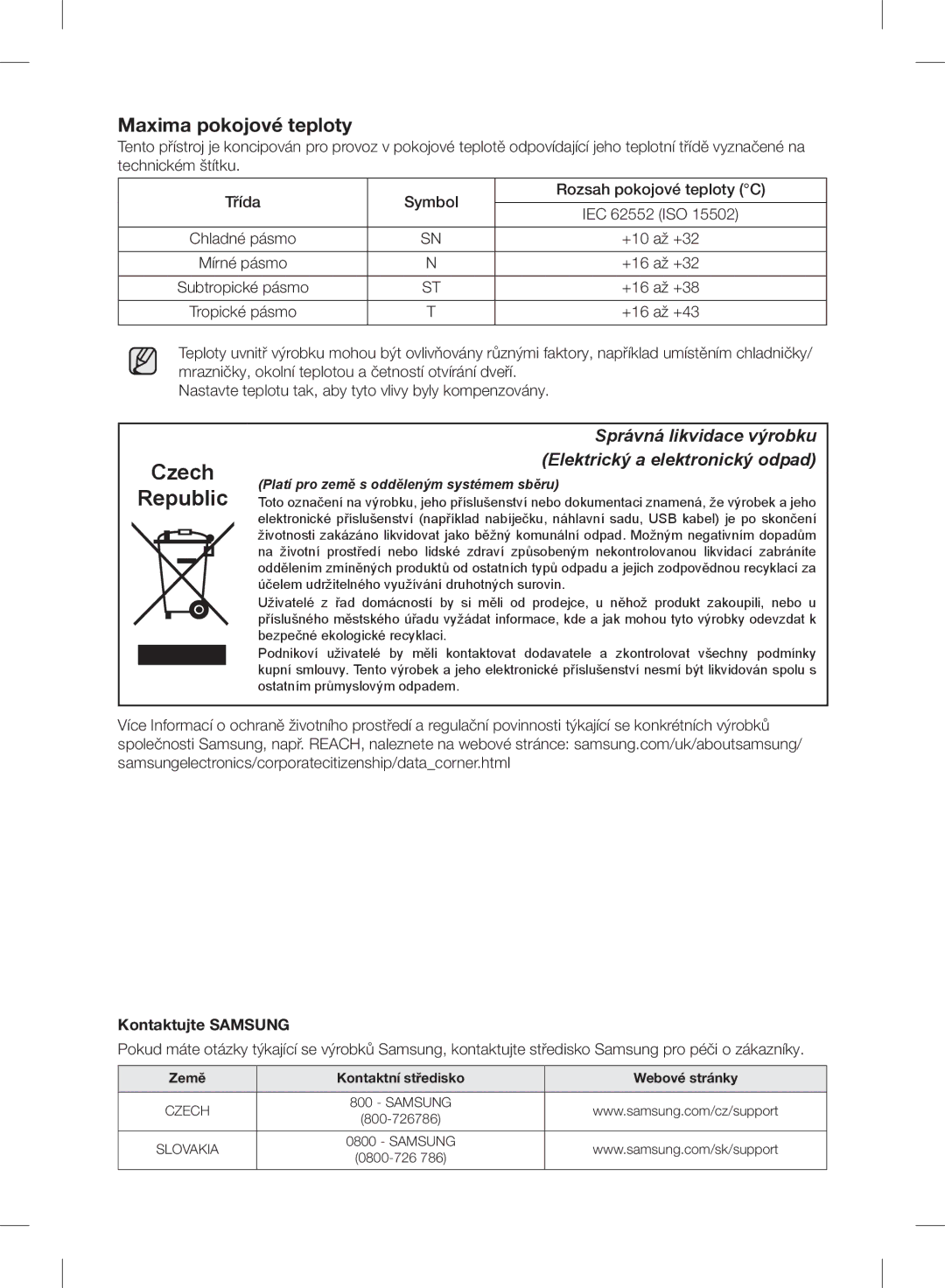 Samsung RB37J5800SA/EF, RB37J5345SS/EF, RB37J5018SA/EF, RB37J5005SA/EF, RB30J3215SA/EF, RB37J5009SA/EF manual Czech Republic 