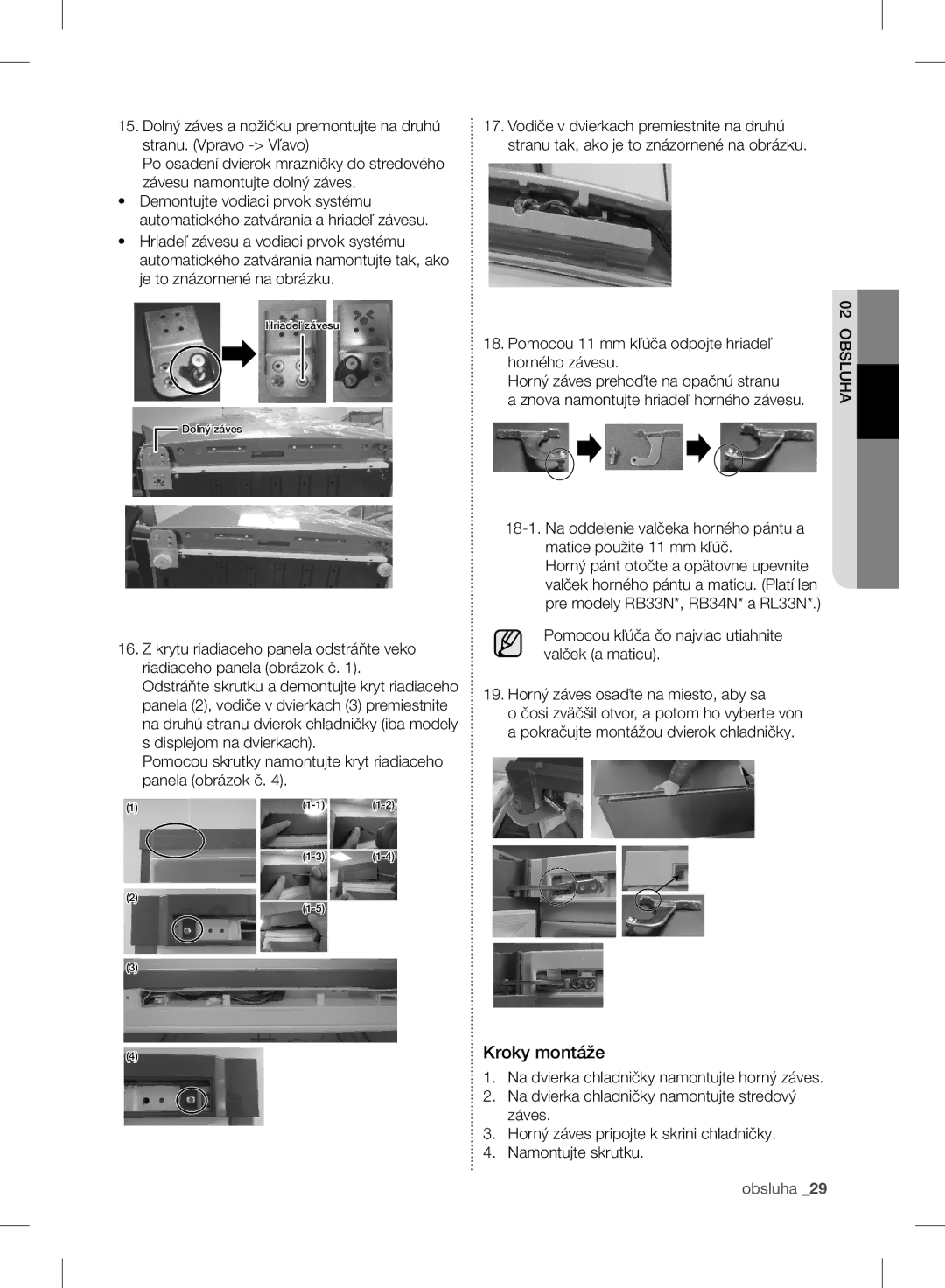 Samsung RB37J5000SA/EF, RB37J5345SS/EF manual Kroky montáže, Pomocou skrutky namontujte kryt riadiaceho panela obrázok č 