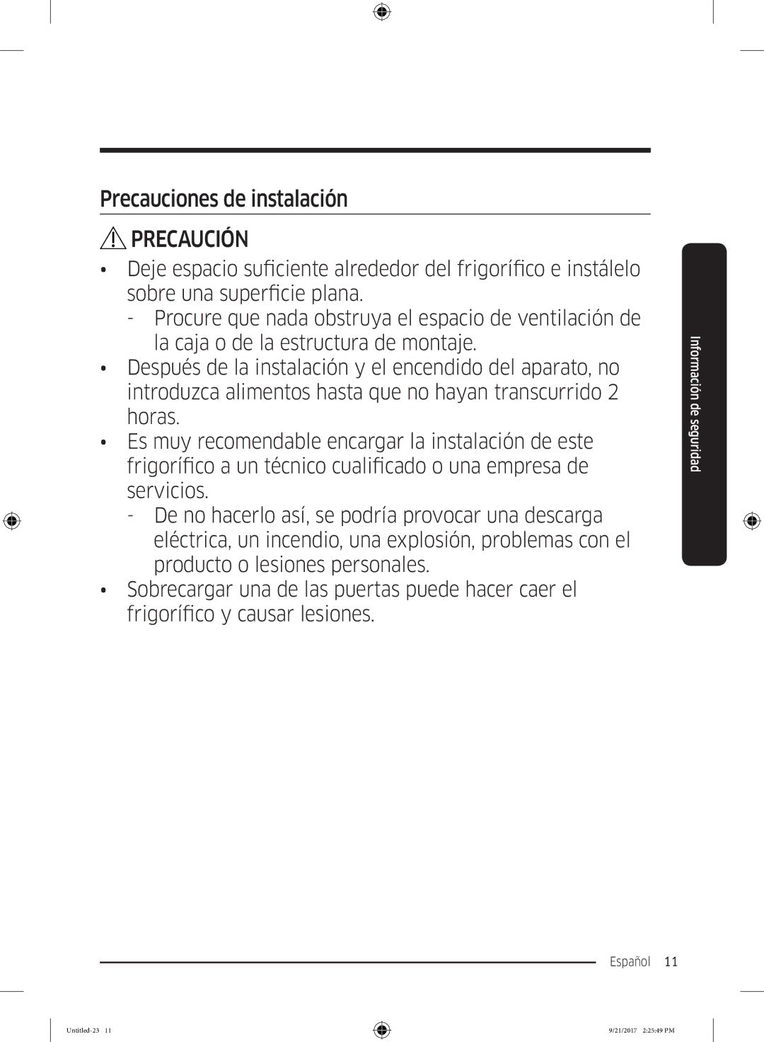 Samsung RB37K6033SS/EF manual Precauciones de instalación 