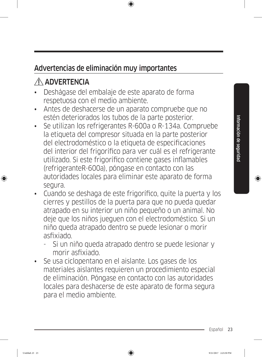 Samsung RB37K6033SS/EF manual Advertencias de eliminación muy importantes 