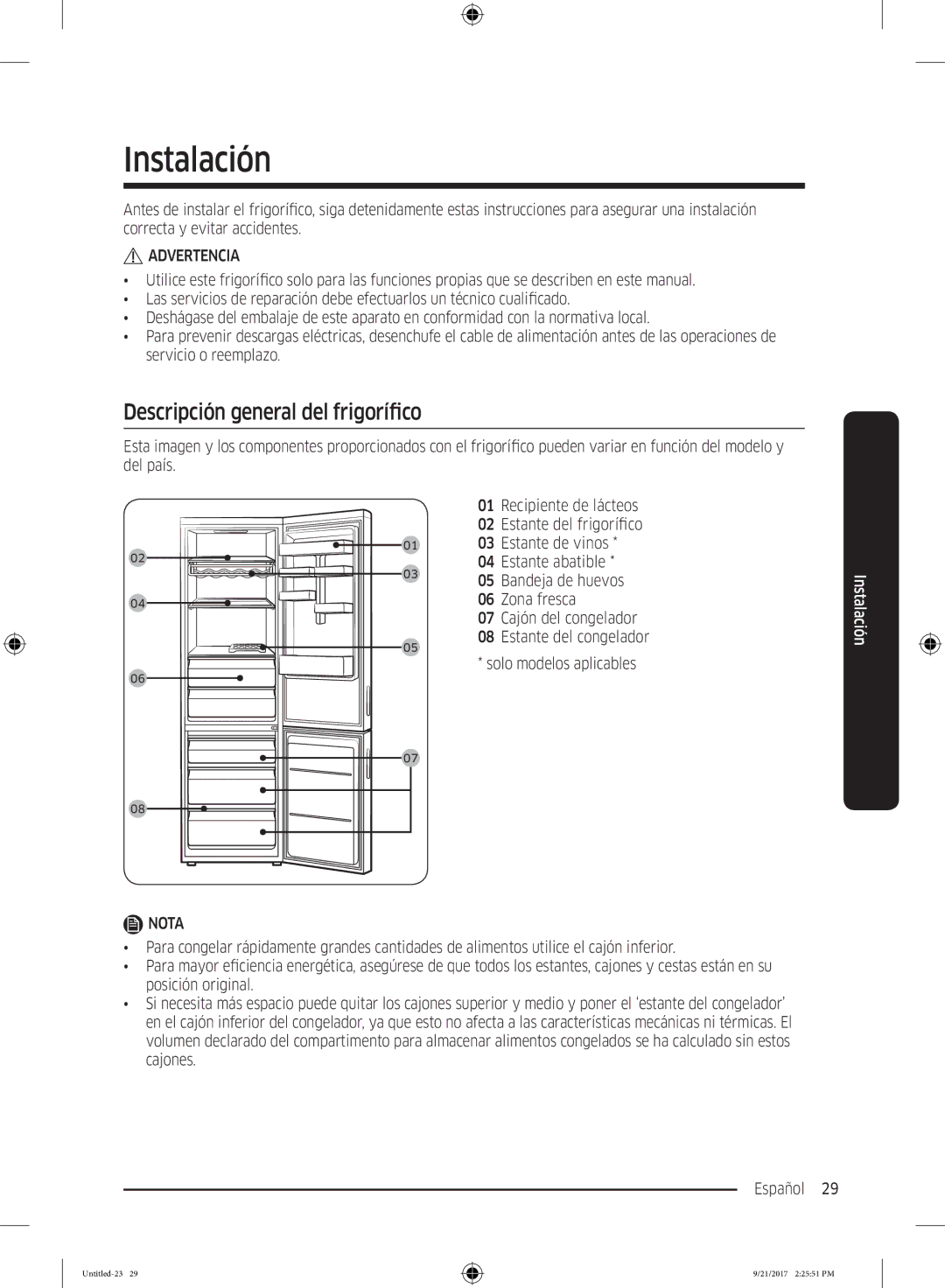 Samsung RB37K6033SS/EF manual Instalación, Descripción general del frigorífico 