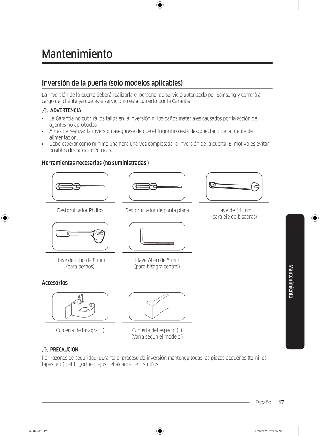 Samsung RB37K6033SS/EF manual Inversión de la puerta solo modelos aplicables, Herramientas necesarias no suministradas 