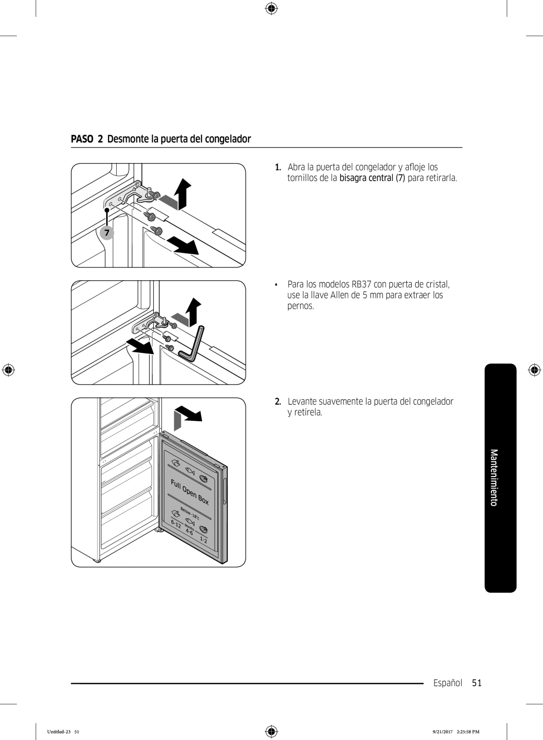 Samsung RB37K6033SS/EF manual Paso 2 Desmonte la puerta del congelador 