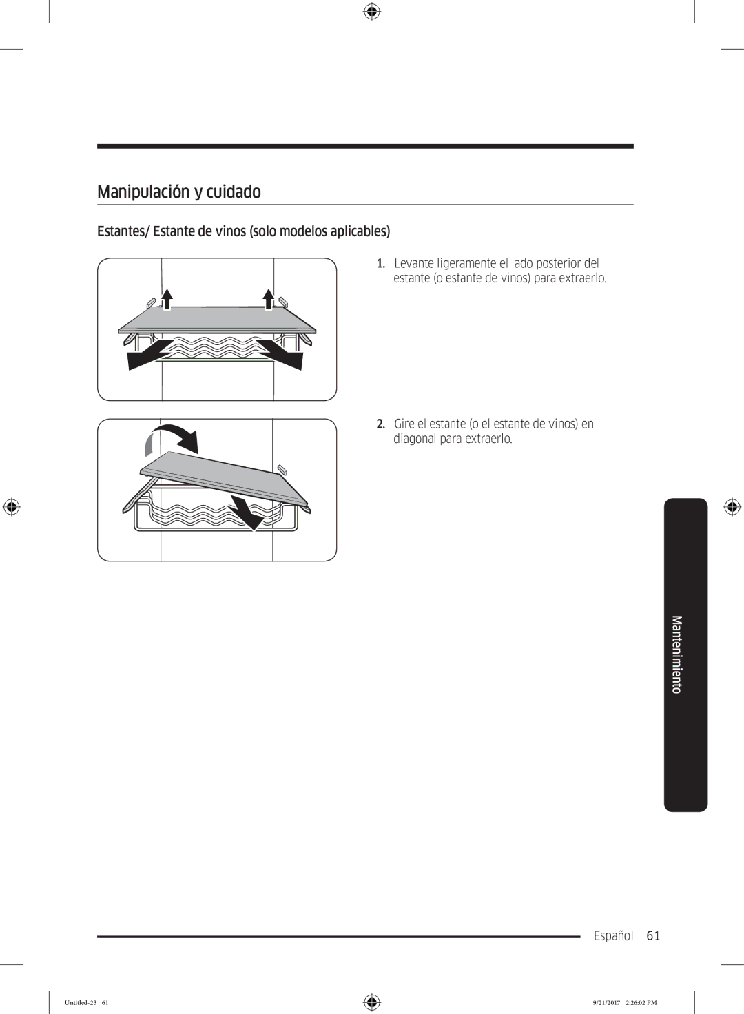 Samsung RB37K6033SS/EF manual Manipulación y cuidado, Estantes/ Estante de vinos solo modelos aplicables 