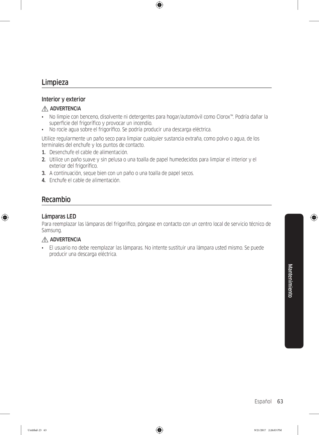 Samsung RB37K6033SS/EF manual Limpieza, Recambio, Interior y exterior, Lámparas LED 