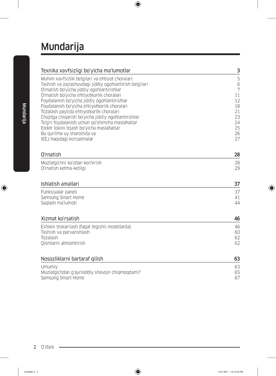 Samsung RB37K63412C/WT manual Texnika xavfsizligi bo‘yicha ma‘lumotlar, ‘rnatish, Ishlatish amallari, Xizmat ko‘rsatish 