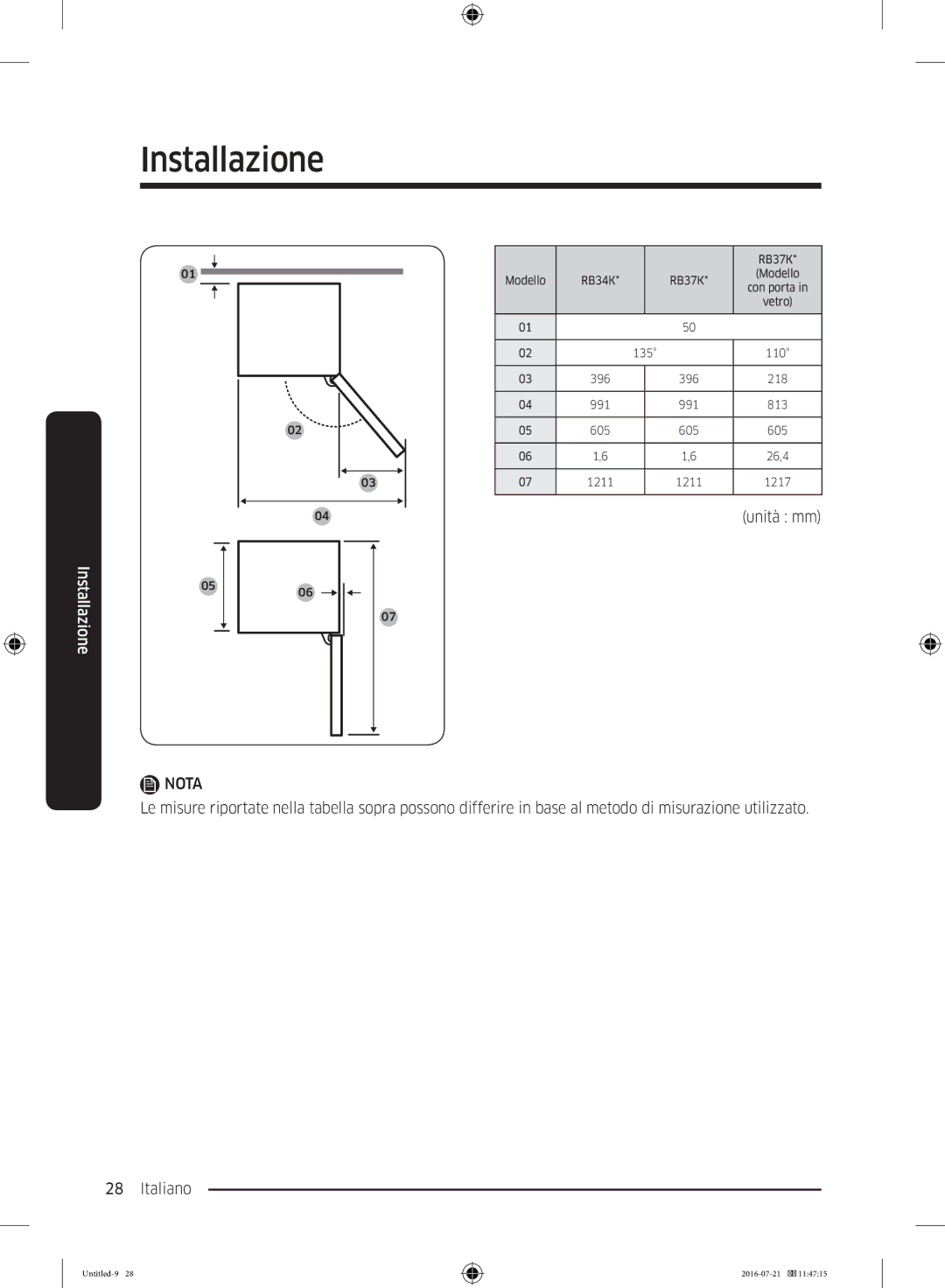 Samsung RB34K6232SS/EF, RB37K63612C/EF, RB34K6032SS/EF, RB37K63611L/EF, RB37K63632C/EF manual Unità mm 