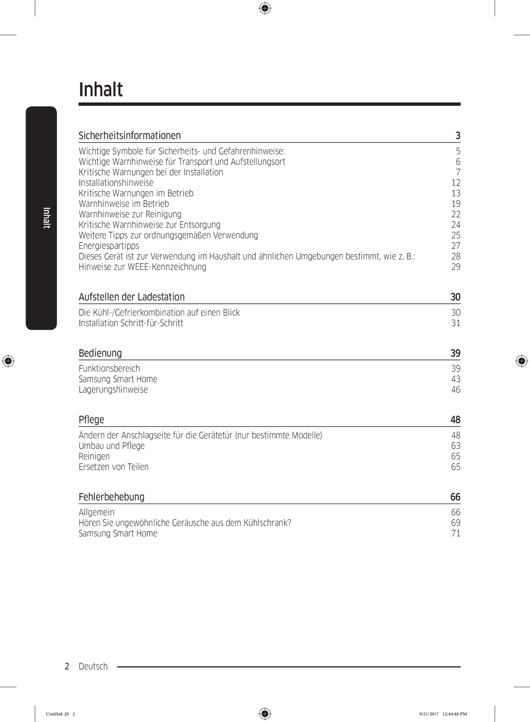 Samsung RB34K6032SS/EF manual Sicherheitsinformationen, Aufstellen der Ladestation, Bedienung, Pflege, Fehlerbehebung 