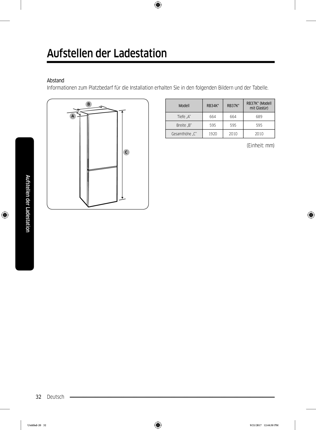 Samsung RB37K63612C/EF, RB34K6100SS/EF, RB34K6032SS/EF, RB33K3000SA/EF manual Einheit mm Deutsch 