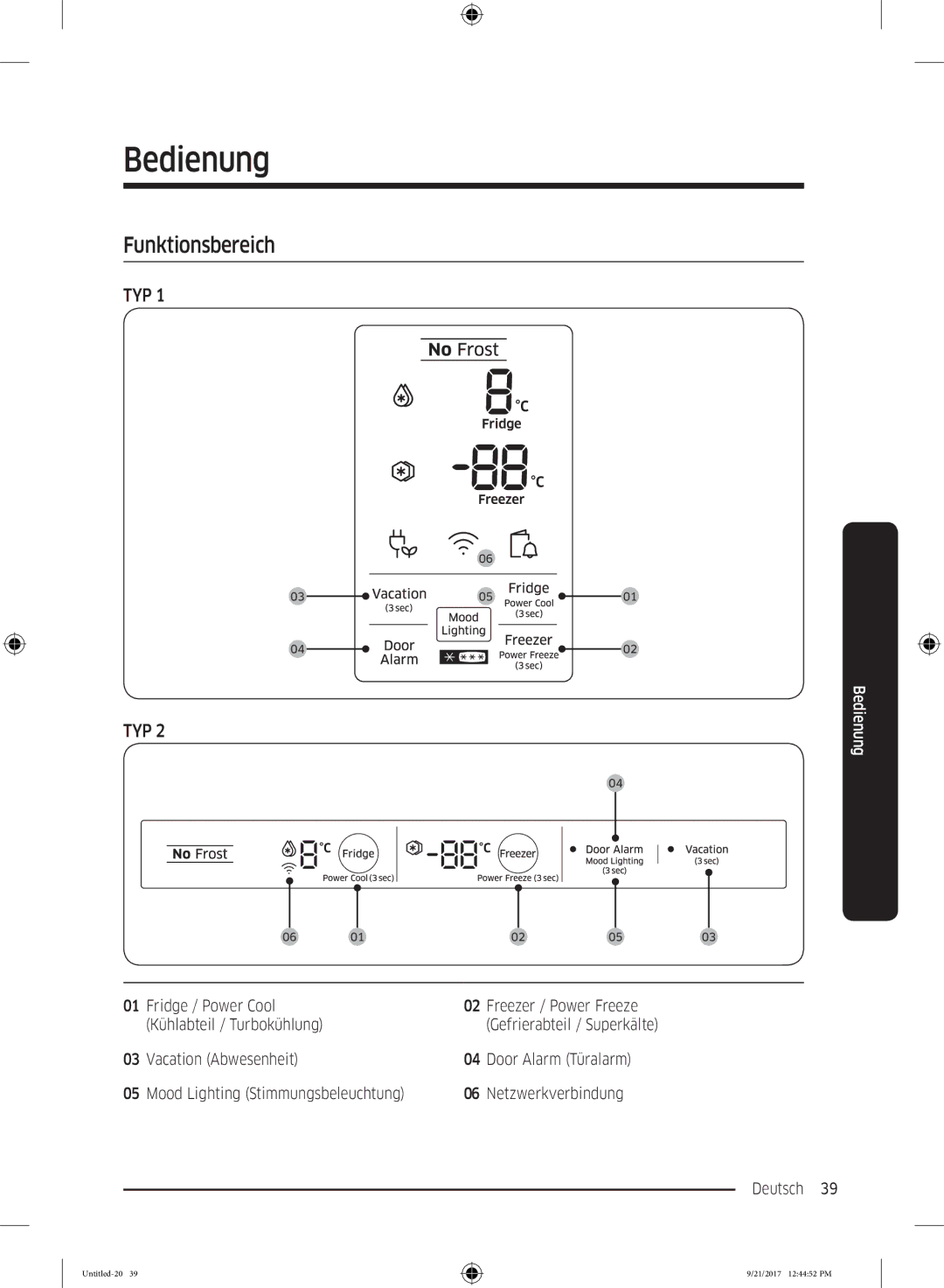 Samsung RB33K3000SA/EF, RB37K63612C/EF, RB34K6100SS/EF, RB34K6032SS/EF manual Bedienung, Funktionsbereich 