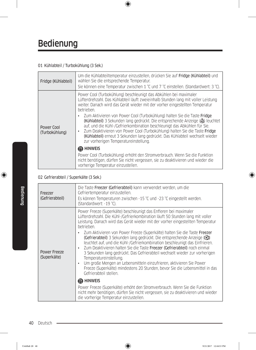 Samsung RB37K63612C/EF Power Cool, Turbokühlung, Zur vorherigen Temperatureinstellung, Betrieben, Gefrierabteil stellen 