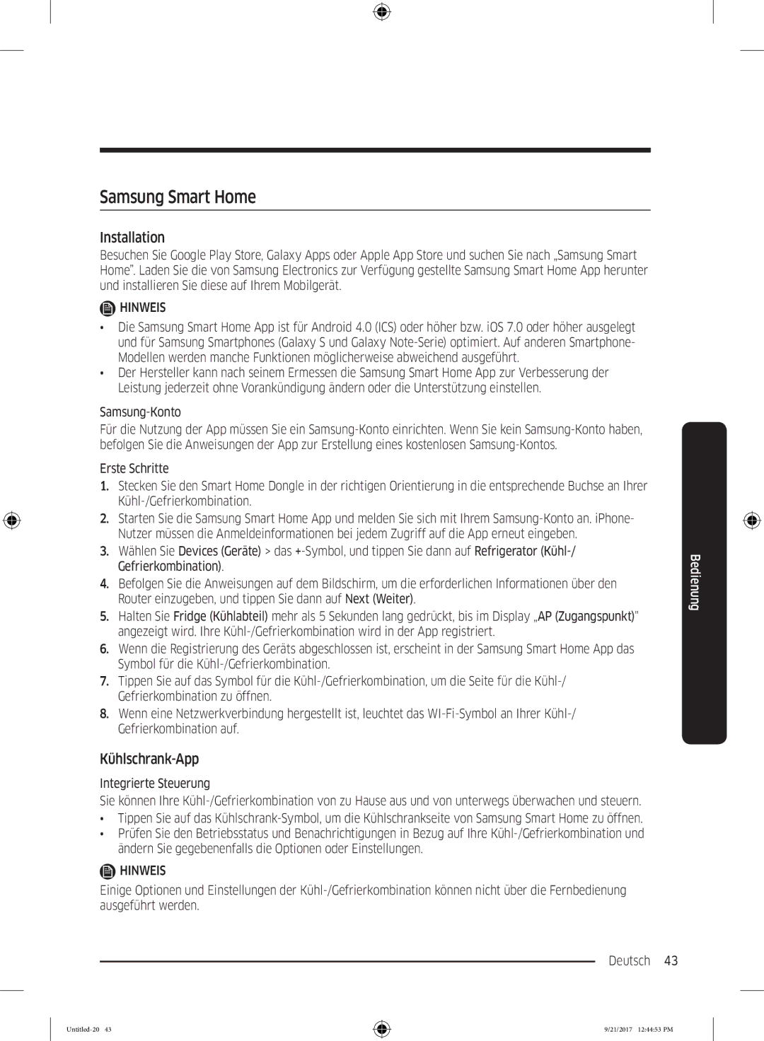 Samsung RB33K3000SA/EF manual Samsung Smart Home, Installation, Kühlschrank-App, Samsung-Konto, Integrierte Steuerung 