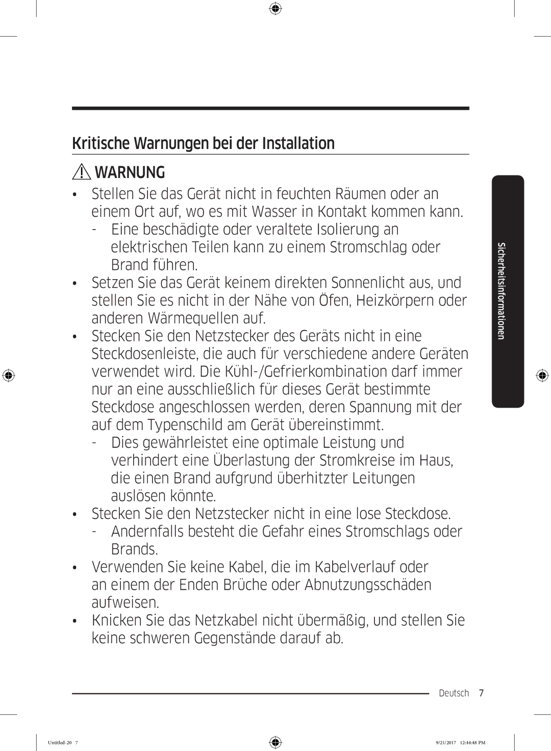 Samsung RB33K3000SA/EF, RB37K63612C/EF, RB34K6100SS/EF, RB34K6032SS/EF manual Kritische Warnungen bei der Installation 