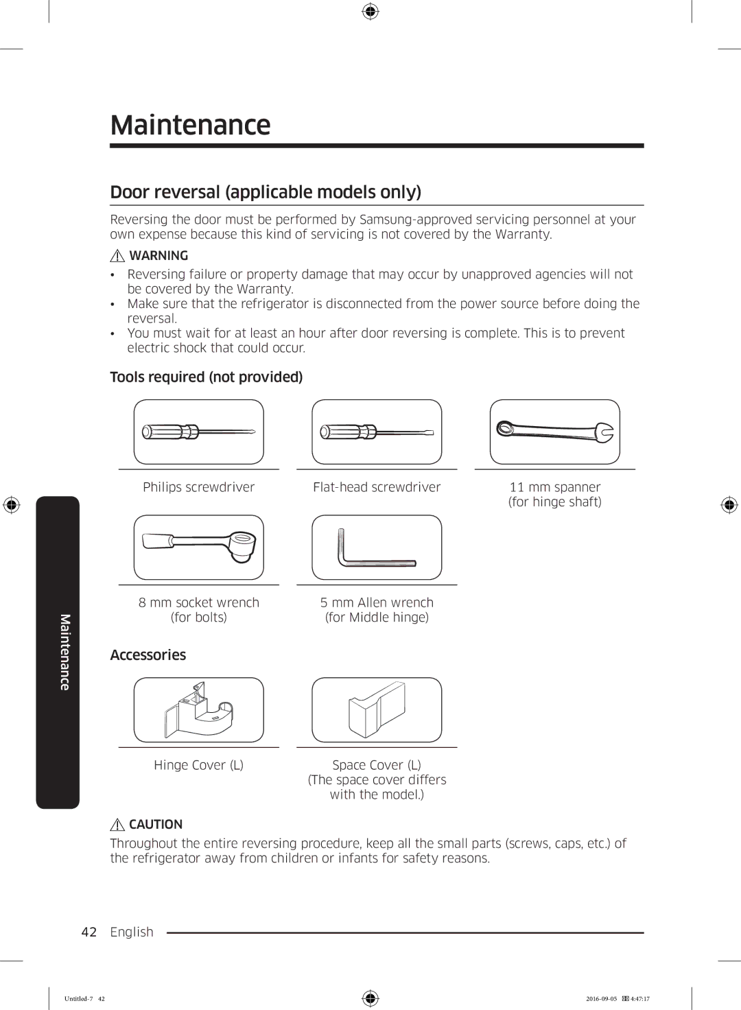 Samsung RB37K63612C/EF manual Tools required not provided, Accessories, Hinge Cover L, Space cover differs, With the model 