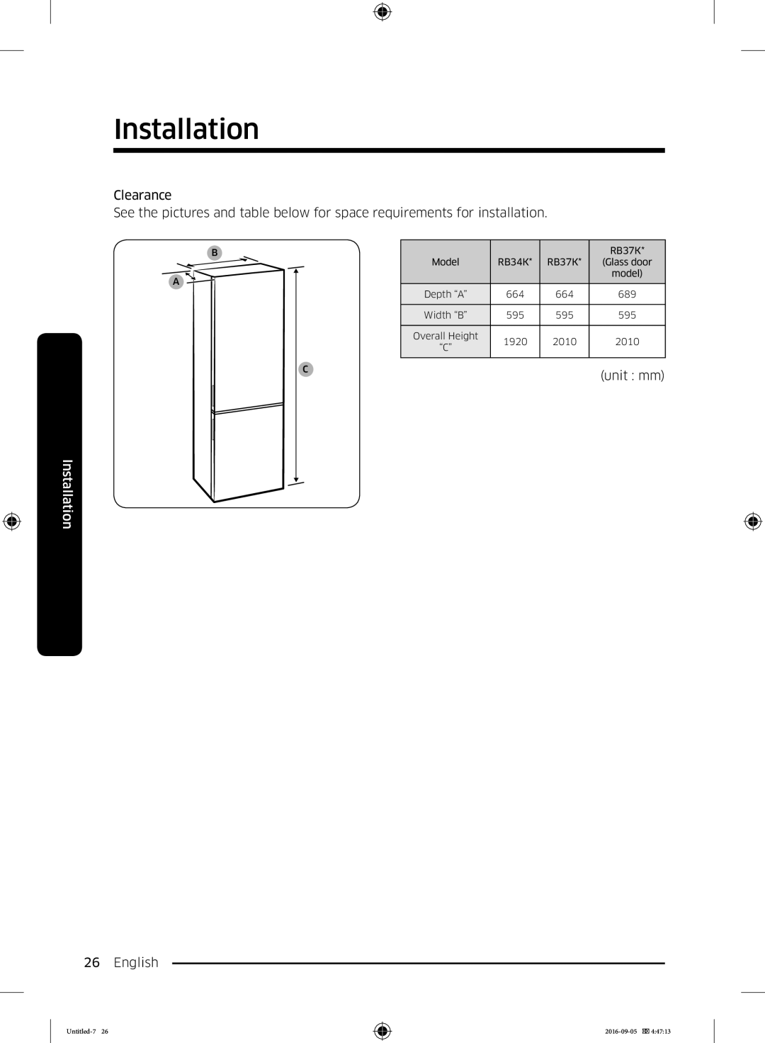 Samsung RB37K63612C/EF, RB37K63632C/EF manual Unit mm 