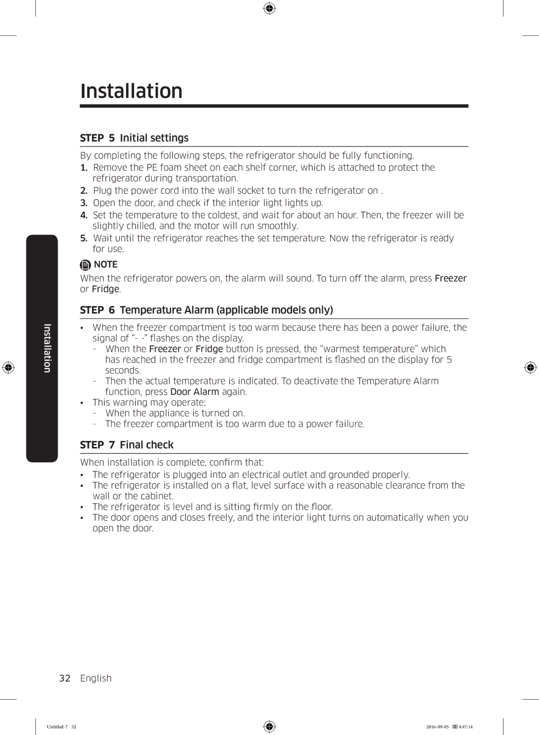 Samsung RB37K63612C/EF, RB37K63632C/EF manual Initial settings, Temperature Alarm applicable models only, Final check 