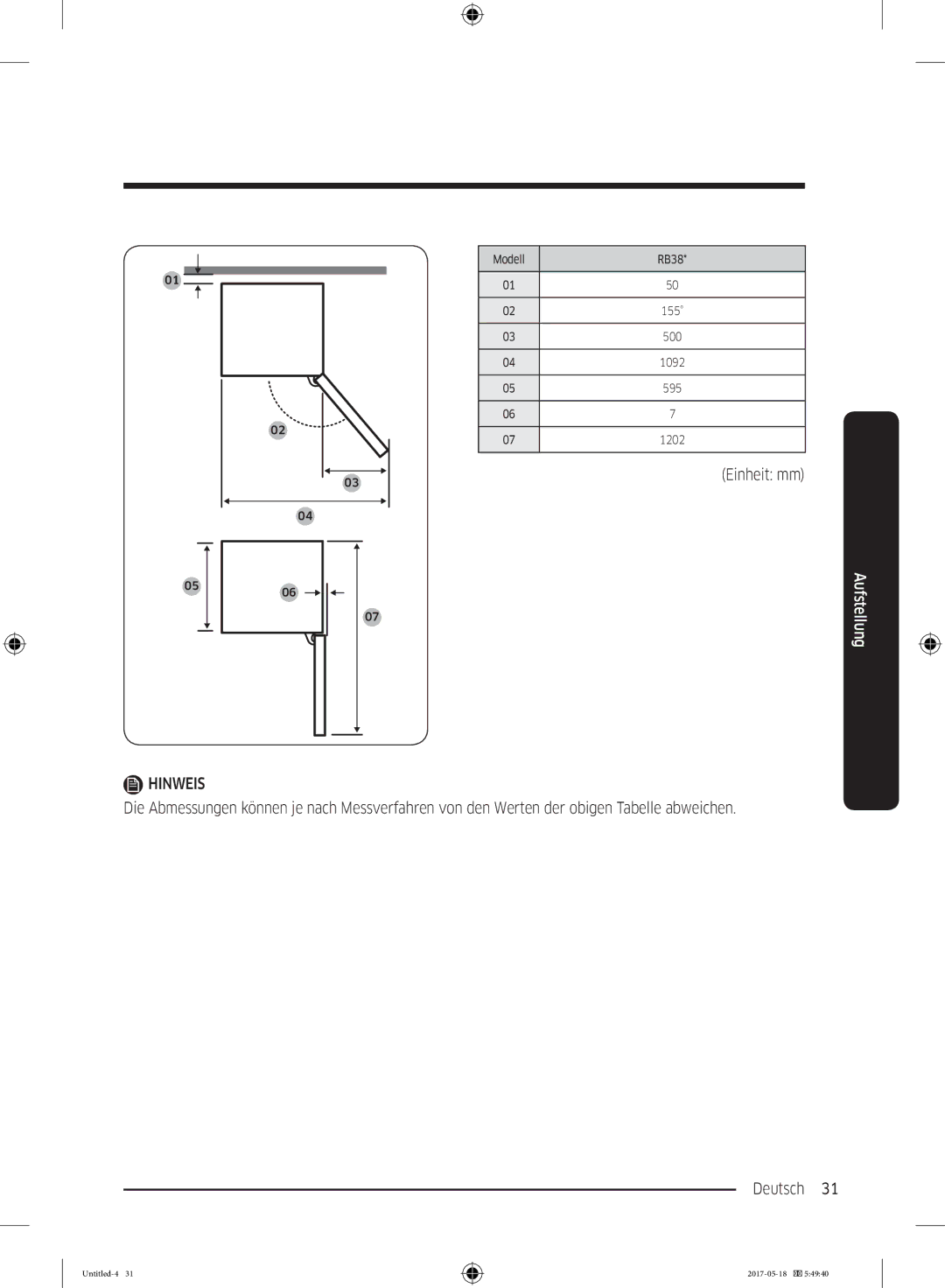 Samsung RB38M7998S4/EF, RB38K7998S4/EF, RL37J501MSA/EG manual Einheit mm 