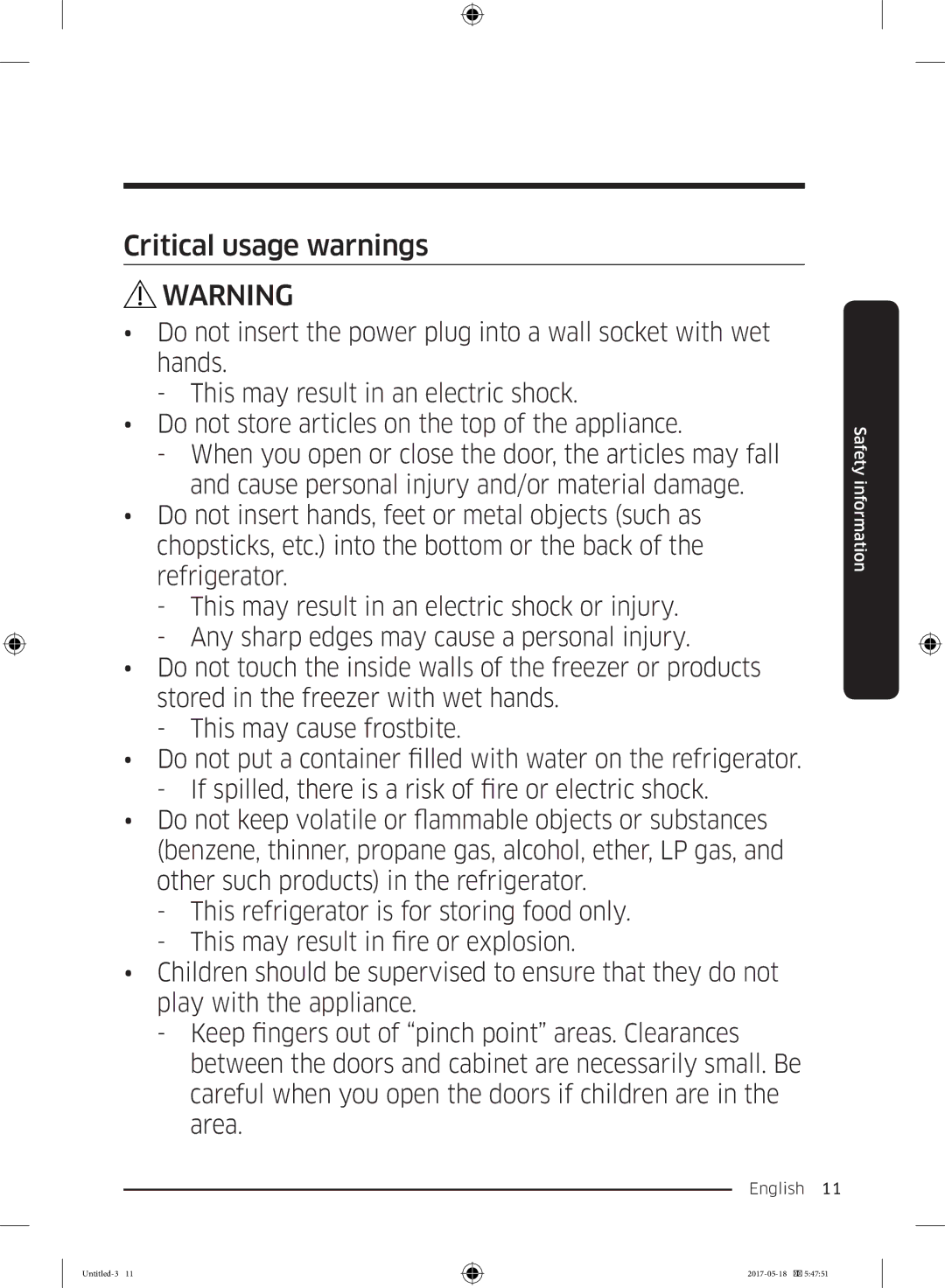 Samsung RB38M7998S4/EF, RB38K7998S4/EF, RL37J501MSA/EG manual Critical usage warnings 