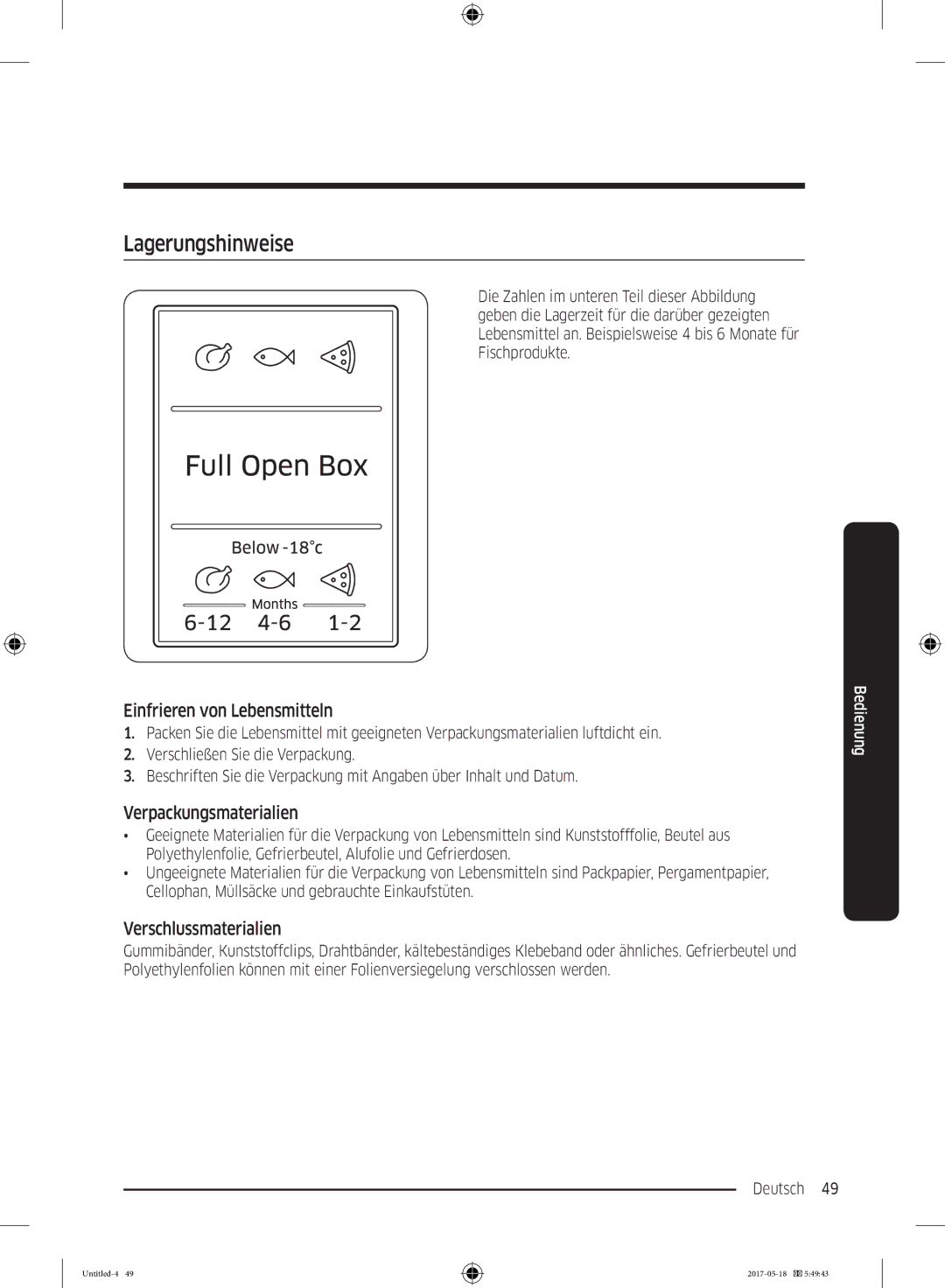 Samsung RB38M7998S4/EF Lagerungshinweise, Einfrieren von Lebensmitteln, Verpackungsmaterialien, Verschlussmaterialien 