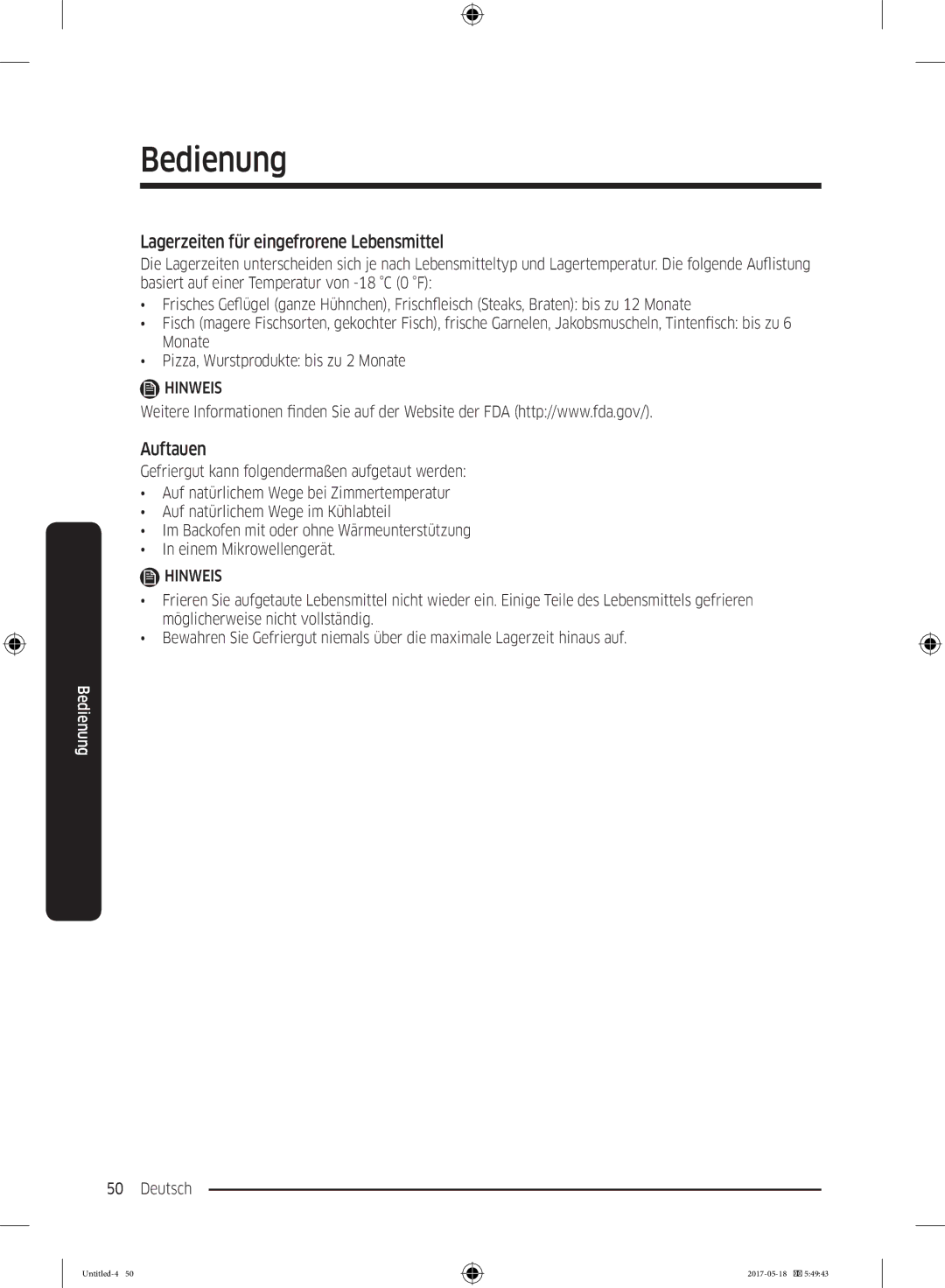 Samsung RB38K7998S4/EF, RL37J501MSA/EG, RB38M7998S4/EF manual Lagerzeiten für eingefrorene Lebensmittel, Auftauen 