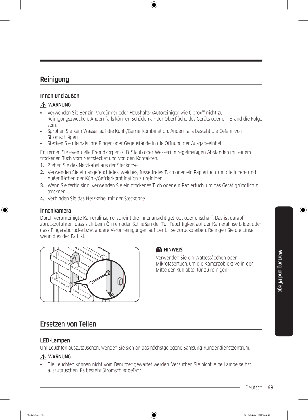 Samsung RL37J501MSA/EG, RB38K7998S4/EF manual Reinigung, Ersetzen von Teilen, Innen und außen, Innenkamera, LED-Lampen 