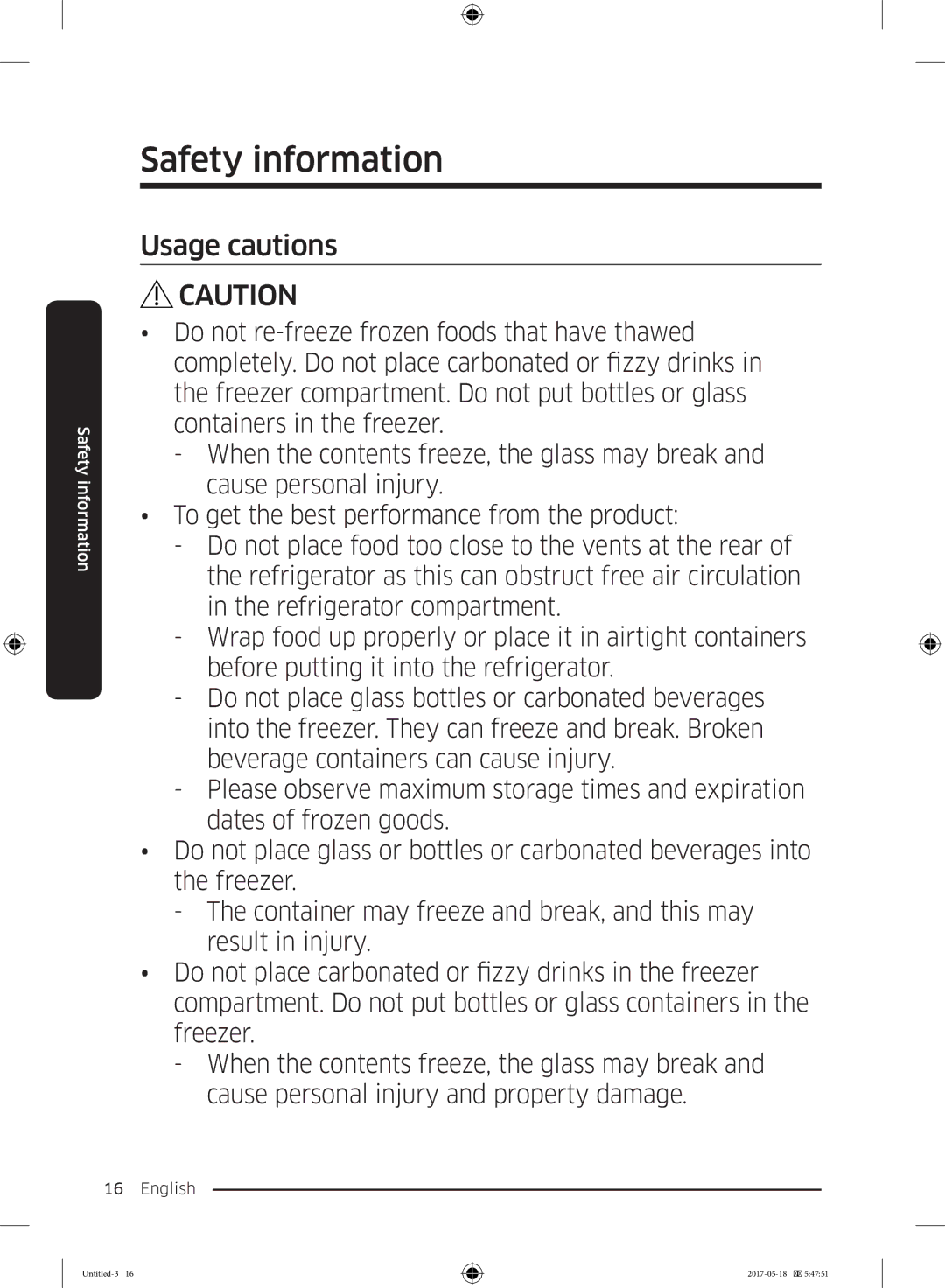 Samsung RL37J501MSA/EG, RB38K7998S4/EF, RB38M7998S4/EF manual Usage cautions 