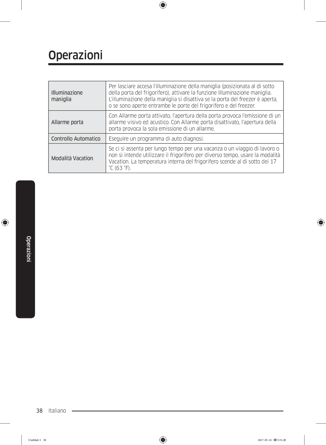 Samsung RB38M7998S4/EF, RB38K7998S4/EF, RL37J501MSA/EG manual Modalità Vacation, 63 F 